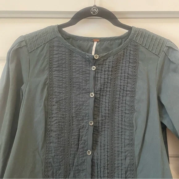 Free People Navy Lace Button Up Long Sleeve Dress Size Medium 100% Cotton - Picture 2 of 14